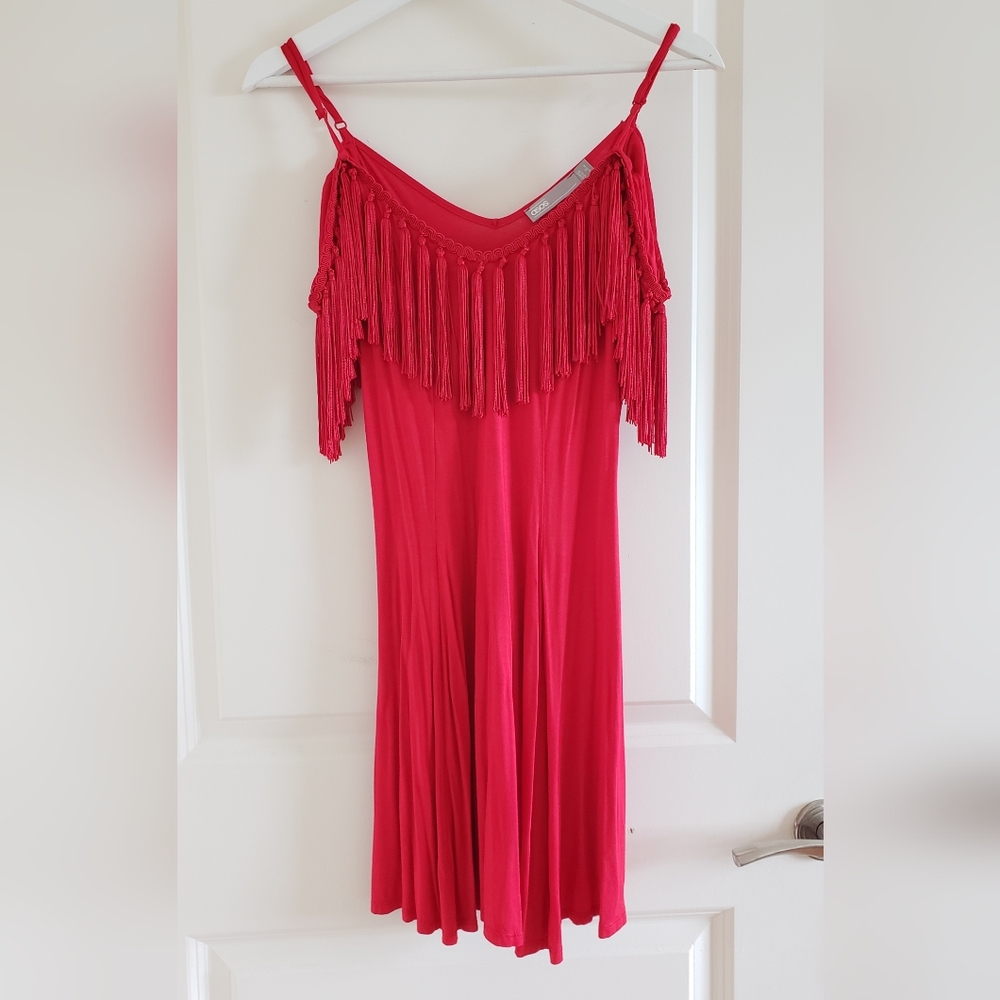 ASOS red mini swing dress with cold shoulder fringe size 4